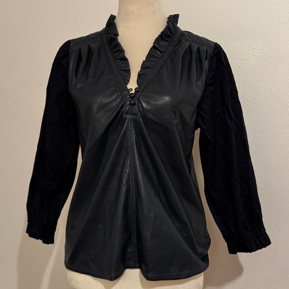 Melissa Nepton Faux Leather Blouse with Ruffled Collar – Size S - Picture 1 of 4